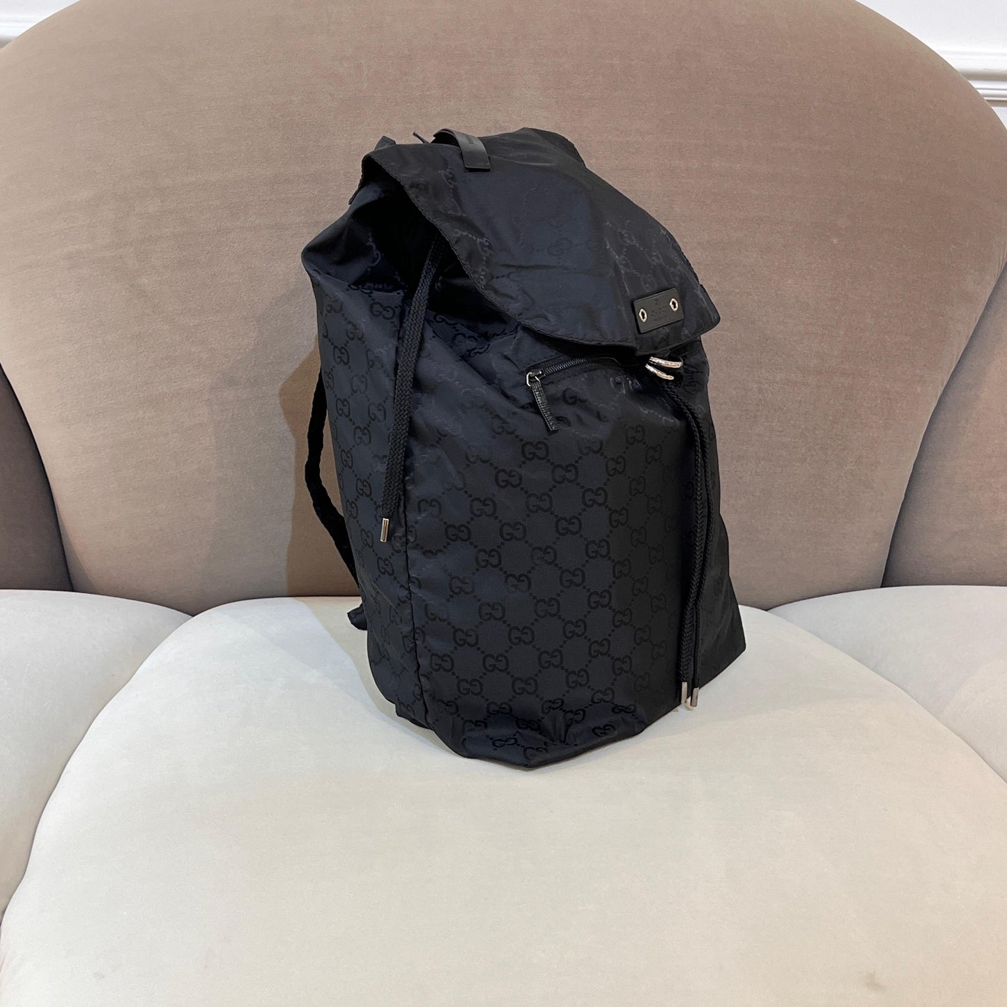 Gucci Vintage GG Nylon Bear Charm Drawstring Backpack Black