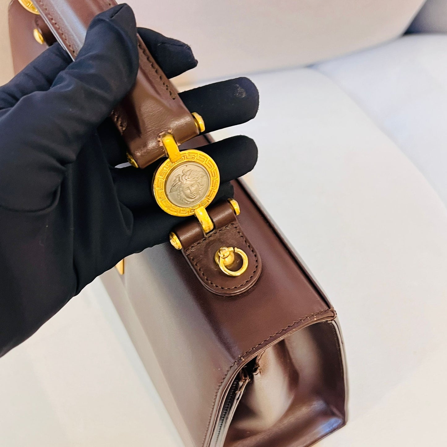 Versace Vintage Medusa Leather 2-Way Handbag In Deep Brown