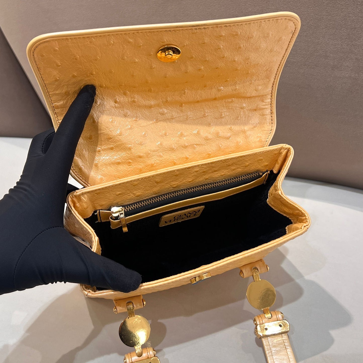Versace Vintage Ostrich Embossed Cream Leather Mini Handbag