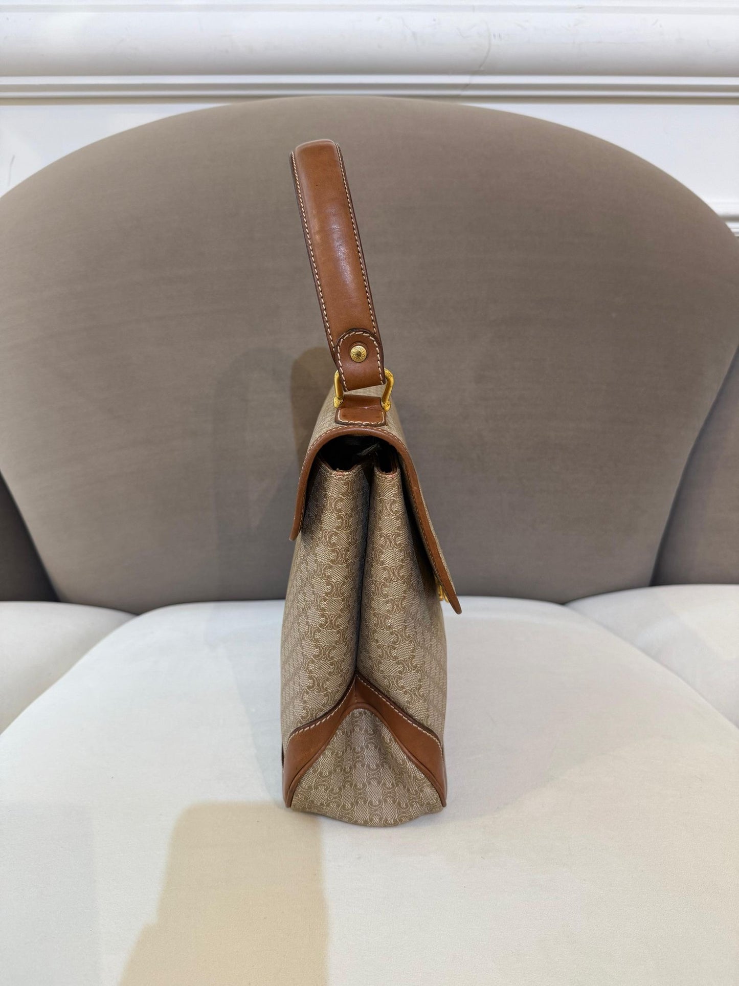 Celine Vintage Macadam Canvas Brown Leather Handbag