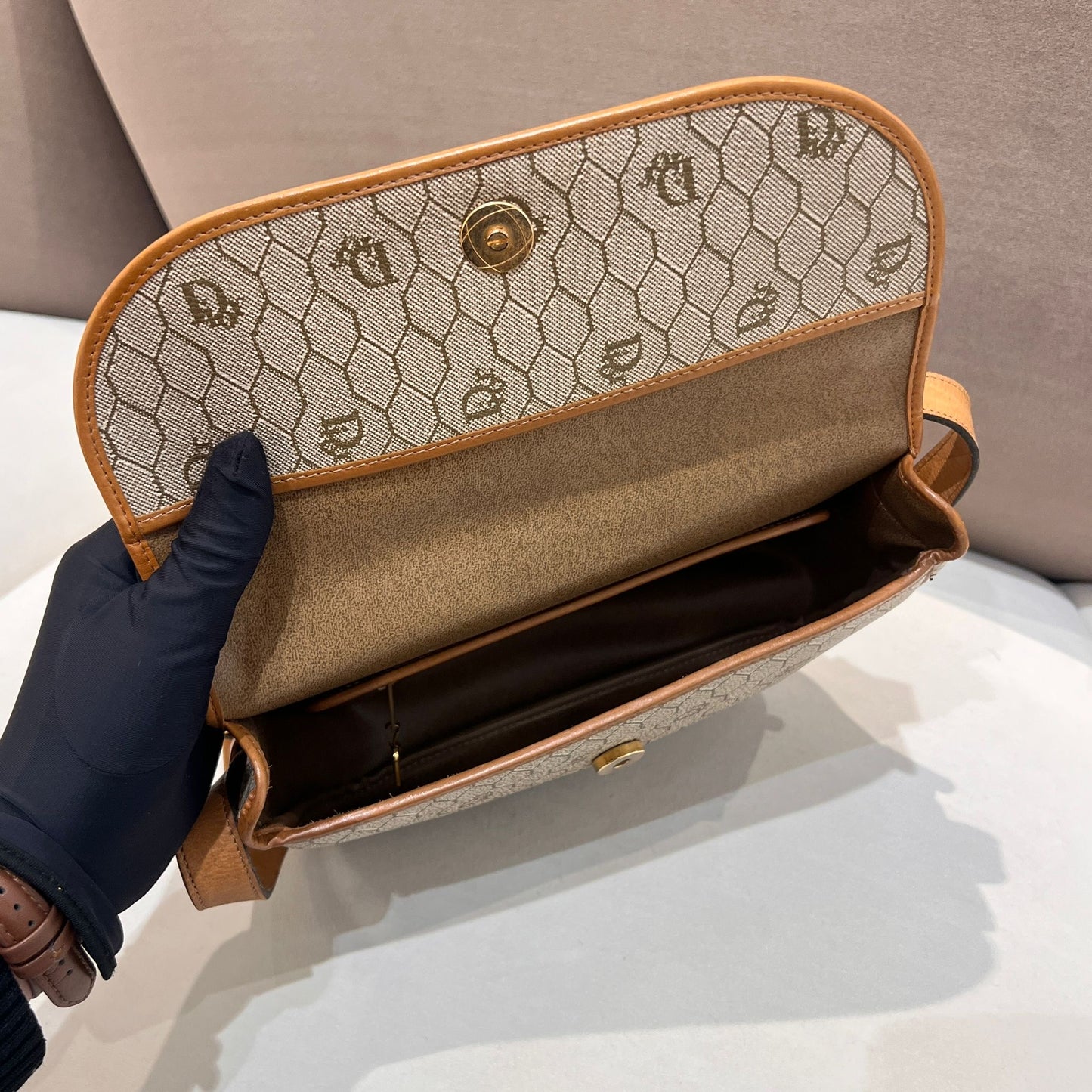 Christian Dior Vintage Honeycomb Monogram Canvas Beige Crossbody Shoulder Bag