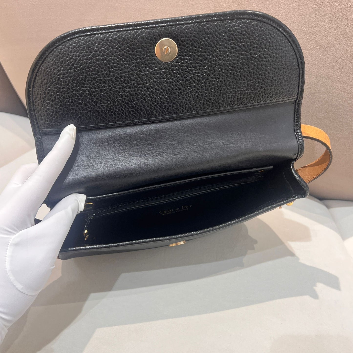 Christian Dior Vintage Black Grained Leather Logo Flap Shoulder Bag