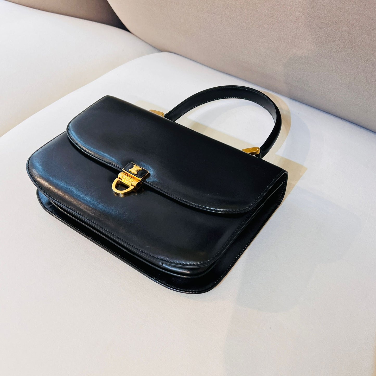 Celine Vintage Triomphe Black Smooth Leather Gold Clasp Top Handle Handbag