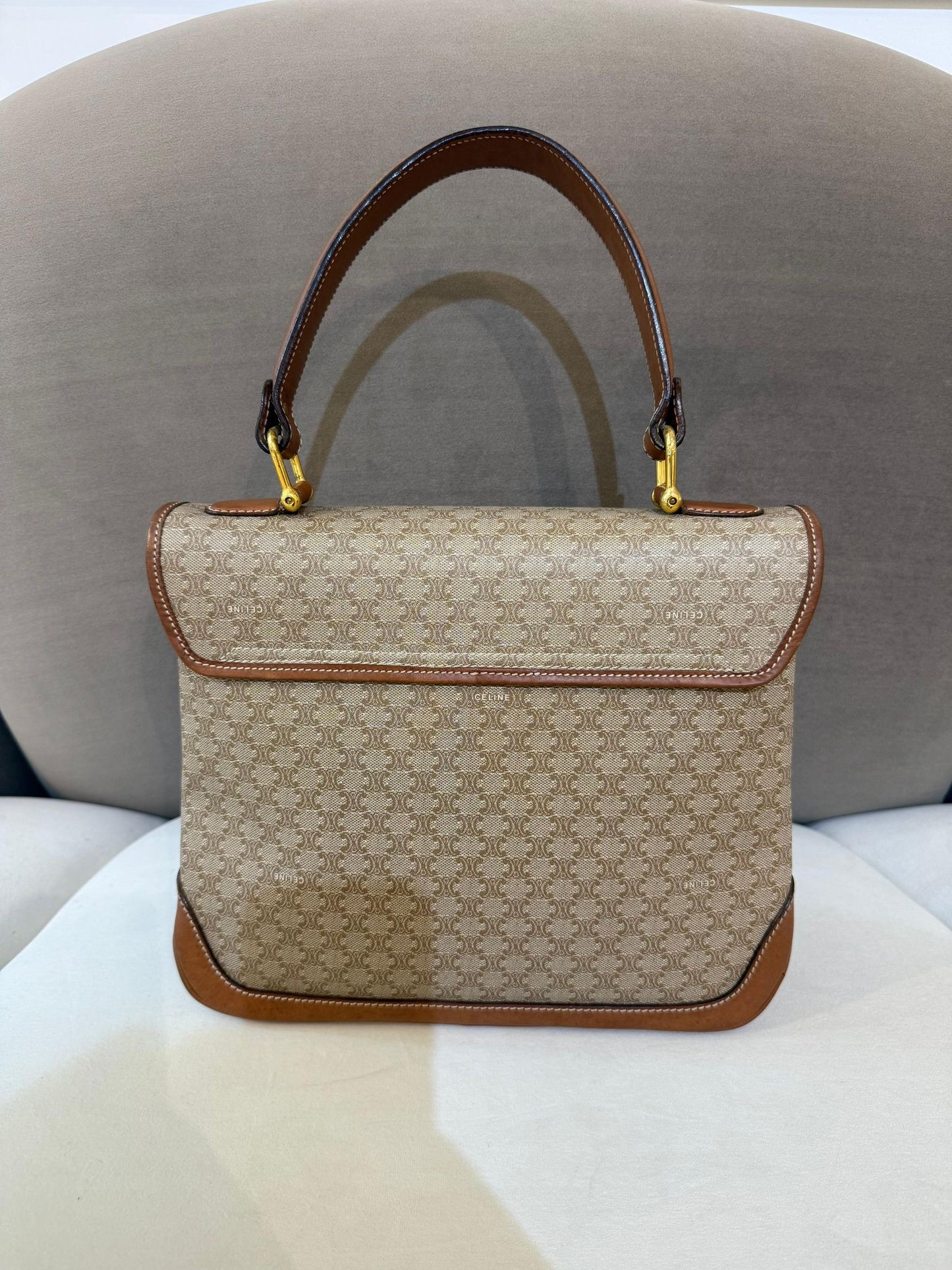 Celine Vintage Macadam Canvas Brown Leather Handbag