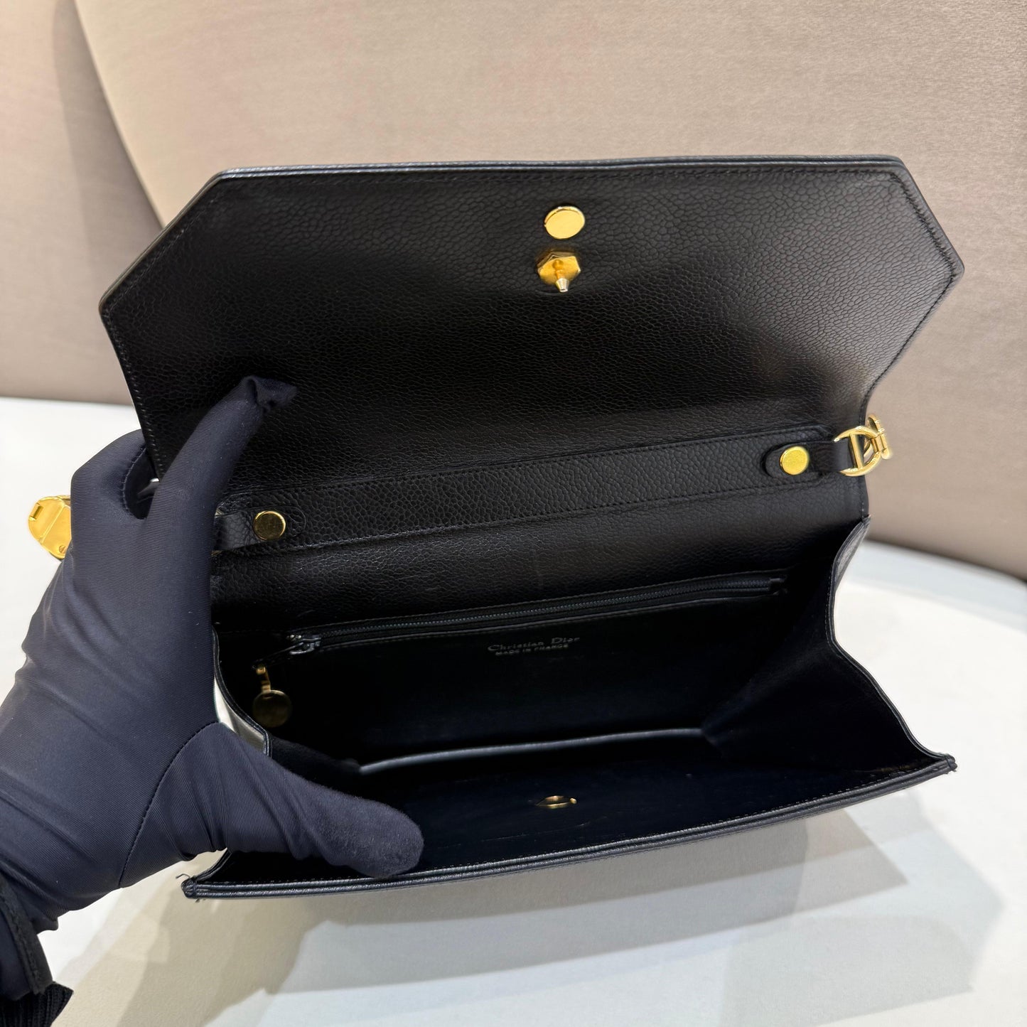 Christian Dior Vintage Black Grained Leather Logo Flap Shoulder Bag