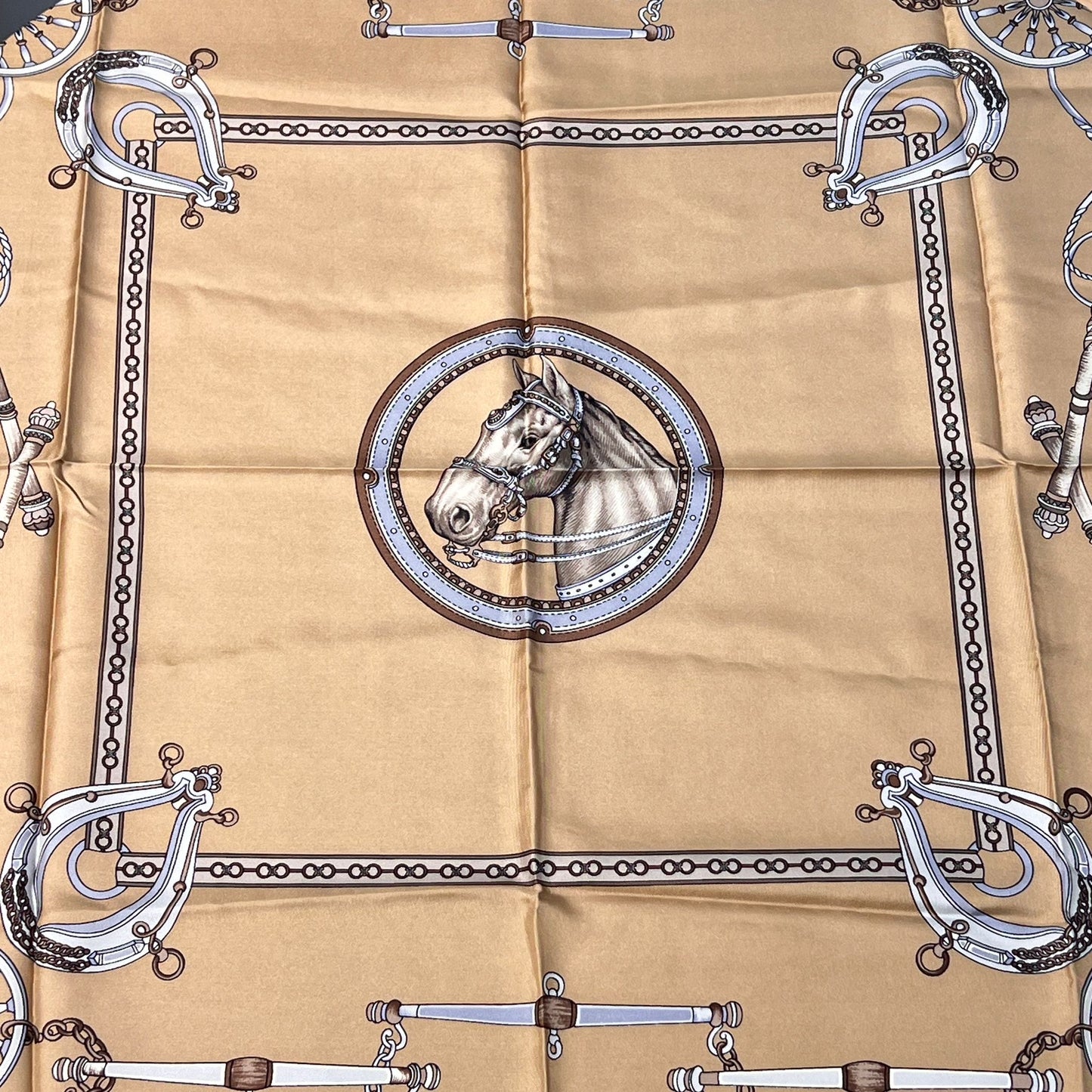 Celine Vintage Carriage Chain Print Silk Scarf Beige Brown 88 X 88 Cm