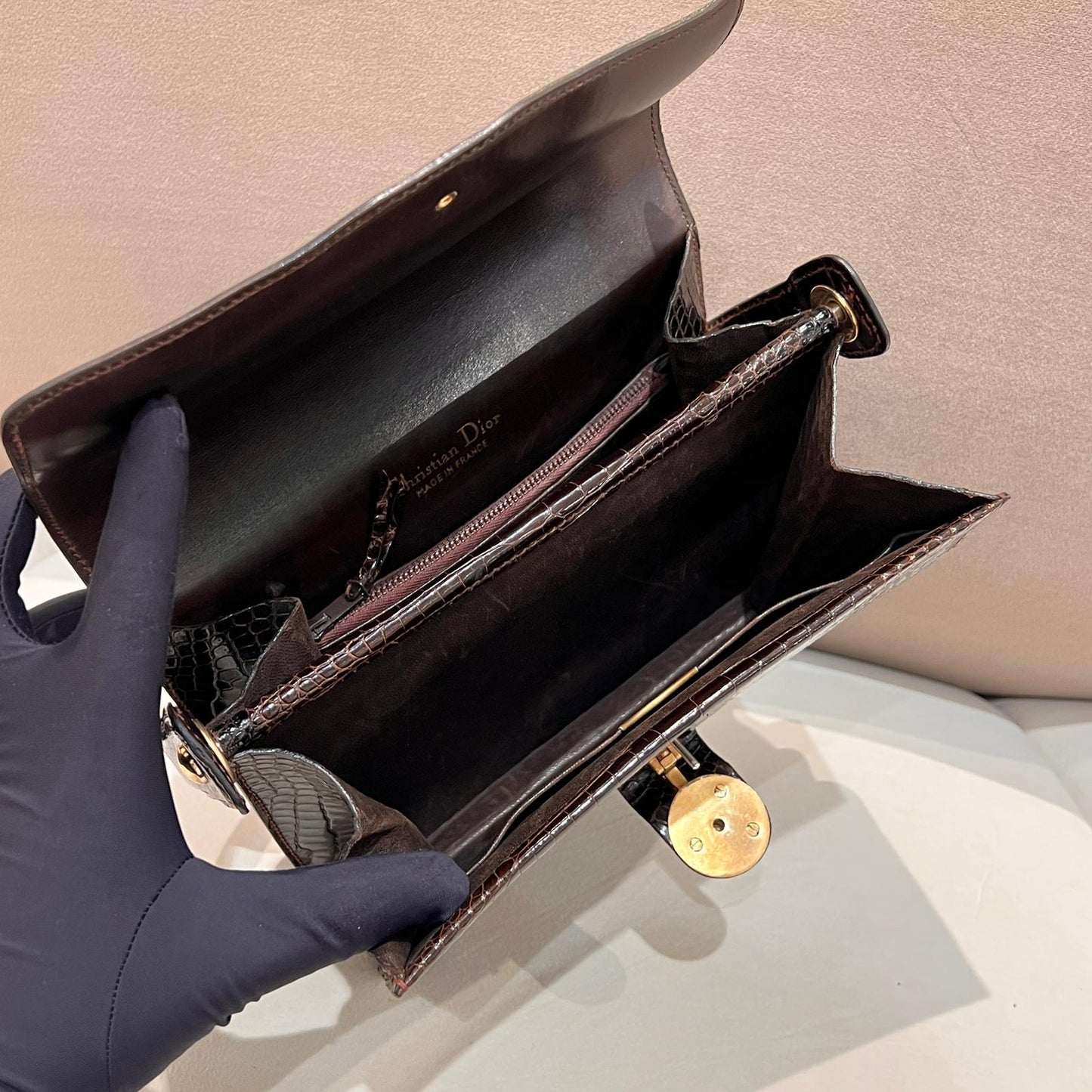 Christian Dior Vintage Crocodile-Embossed Brown G-Clasp Handbag