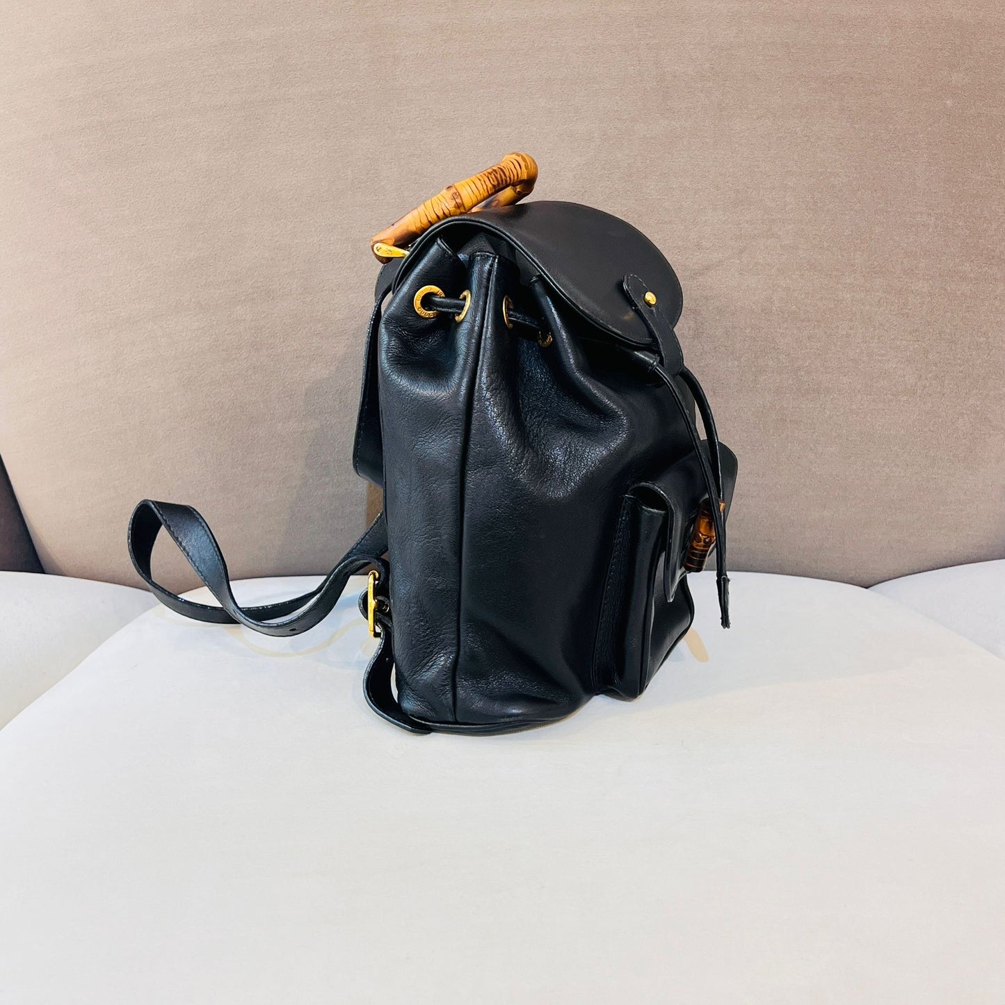 Gucci Vintage Bamboo Black Leather Small Backpack