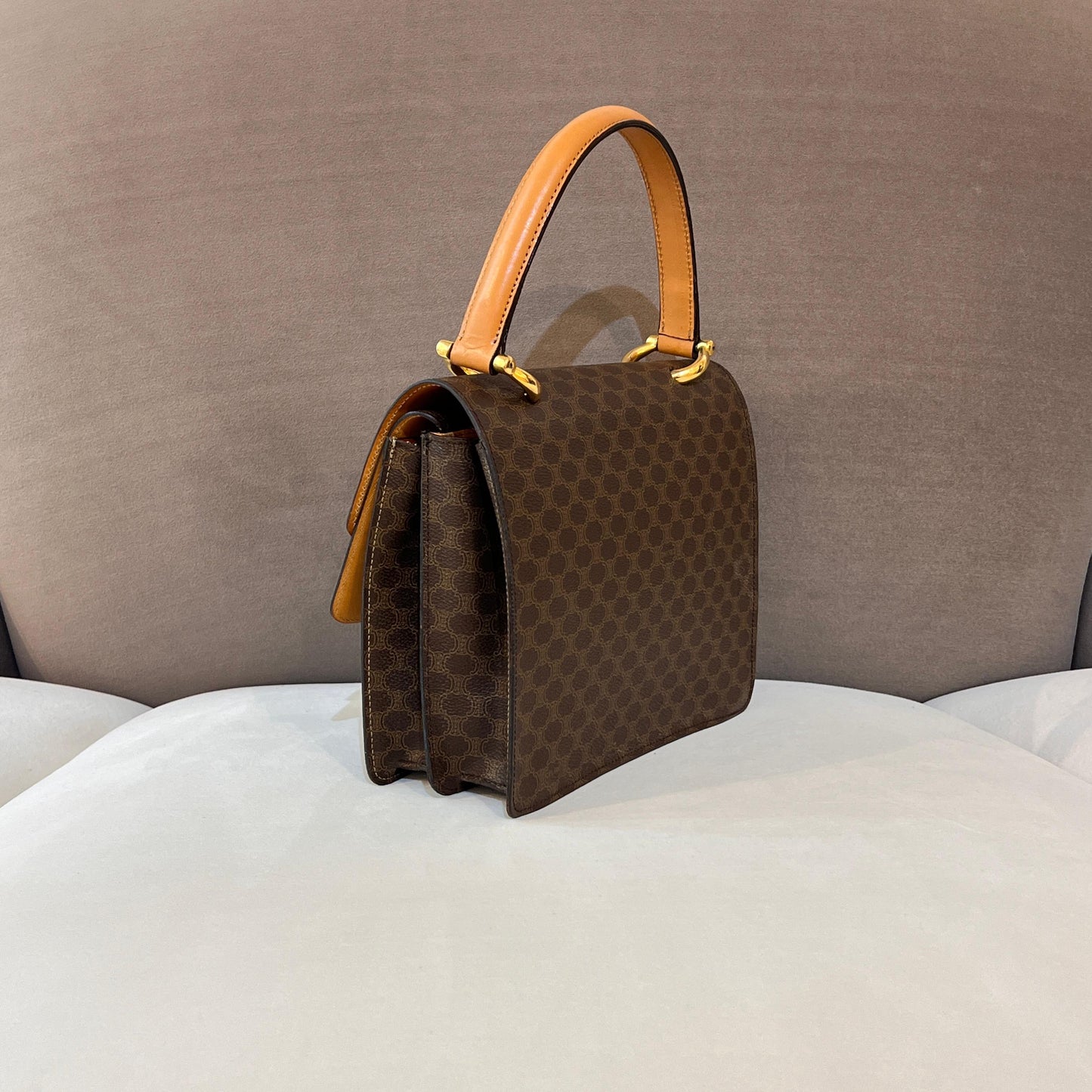 Celine Vintage Macadam Canvas Brown Leather Top Handle Bag