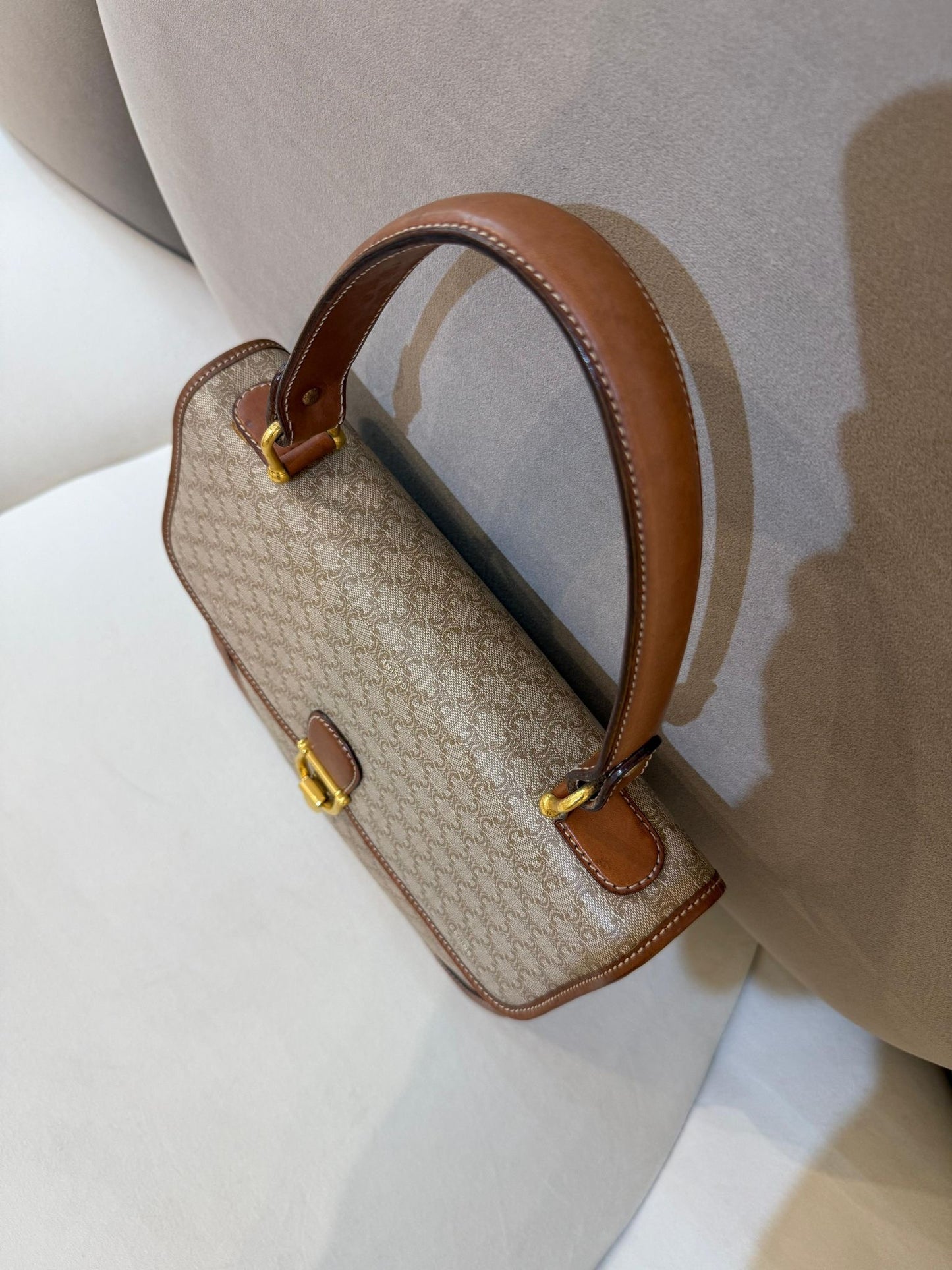 Celine Vintage Macadam Canvas Brown Leather Handbag