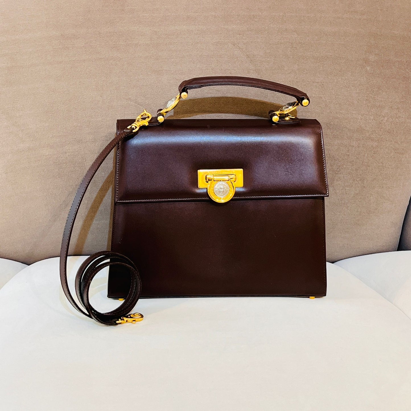 Versace Vintage Medusa Leather 2-Way Handbag In Deep Brown