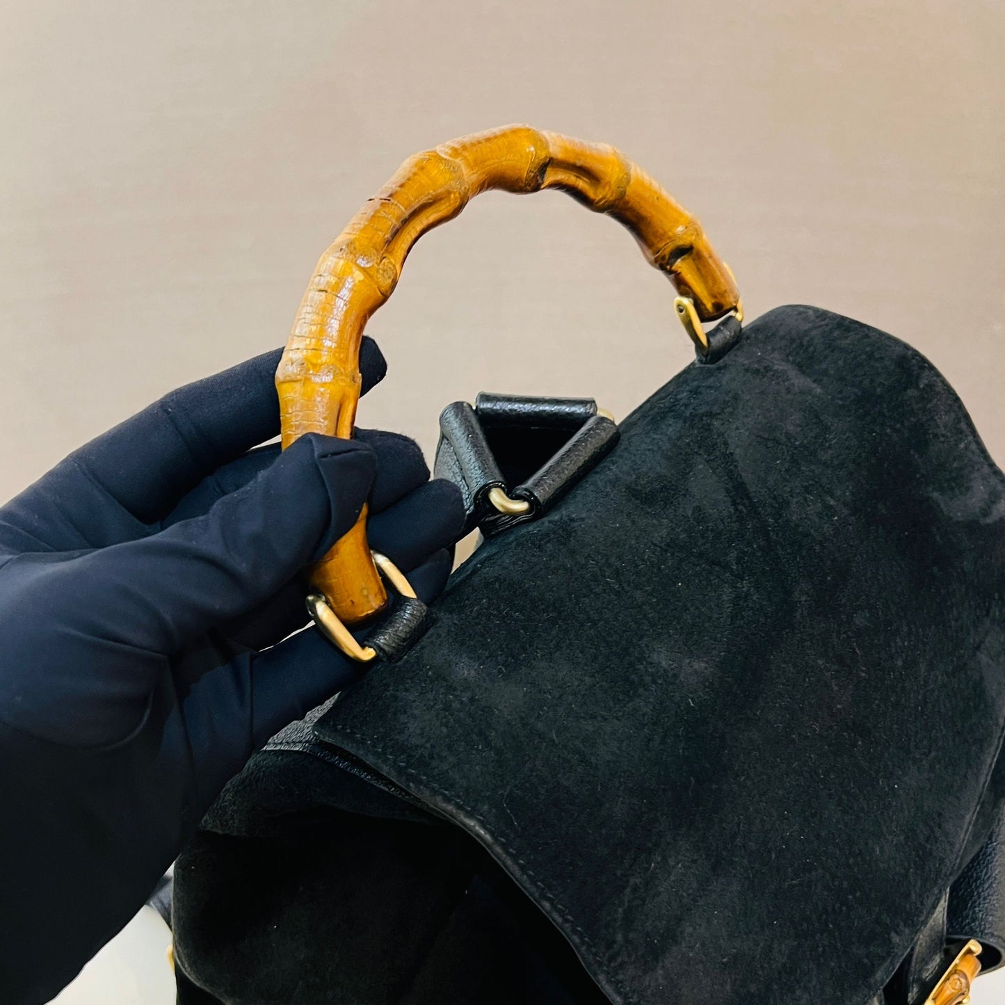 Gucci Vintage Bamboo Backpack Black Suede Leather