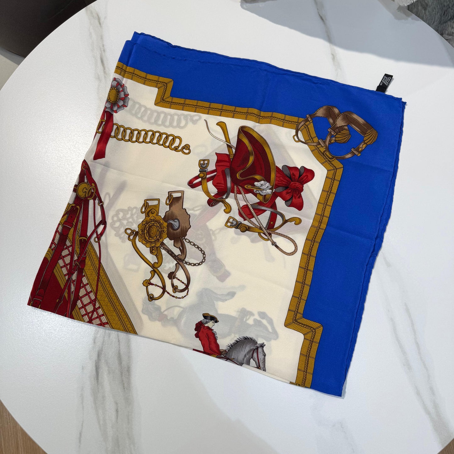 Celine Vintage Horse Print Silk Scarf Ivory Blue 86 X 86 Cm