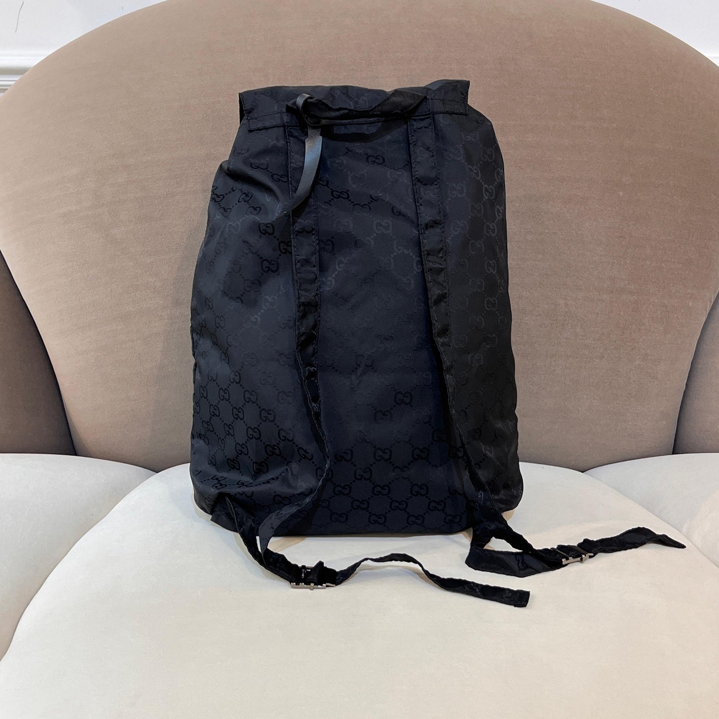 Gucci Vintage GG Nylon Bear Charm Drawstring Backpack Black