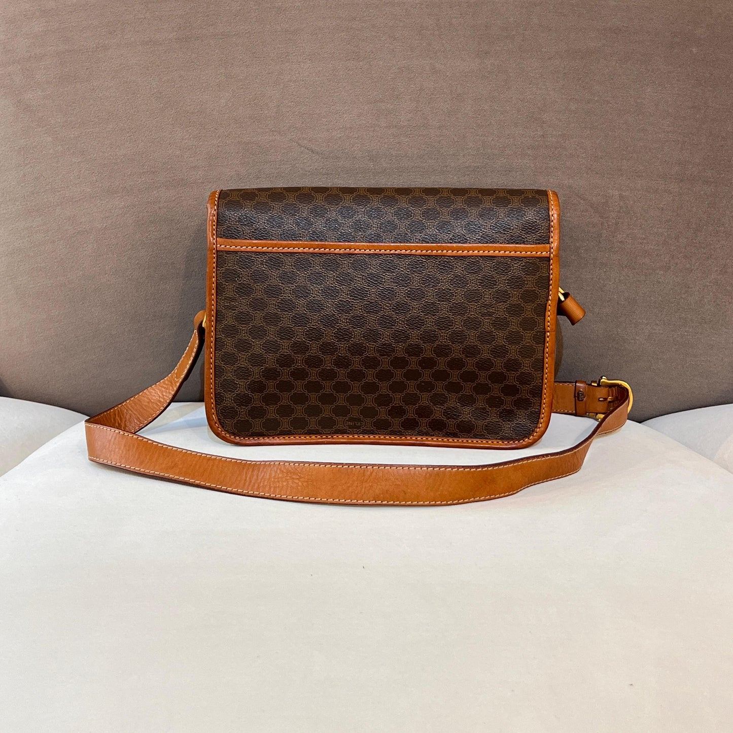 Celine Vintage Macadam Brown Canvas Shoulder Bag With Gold Hardware