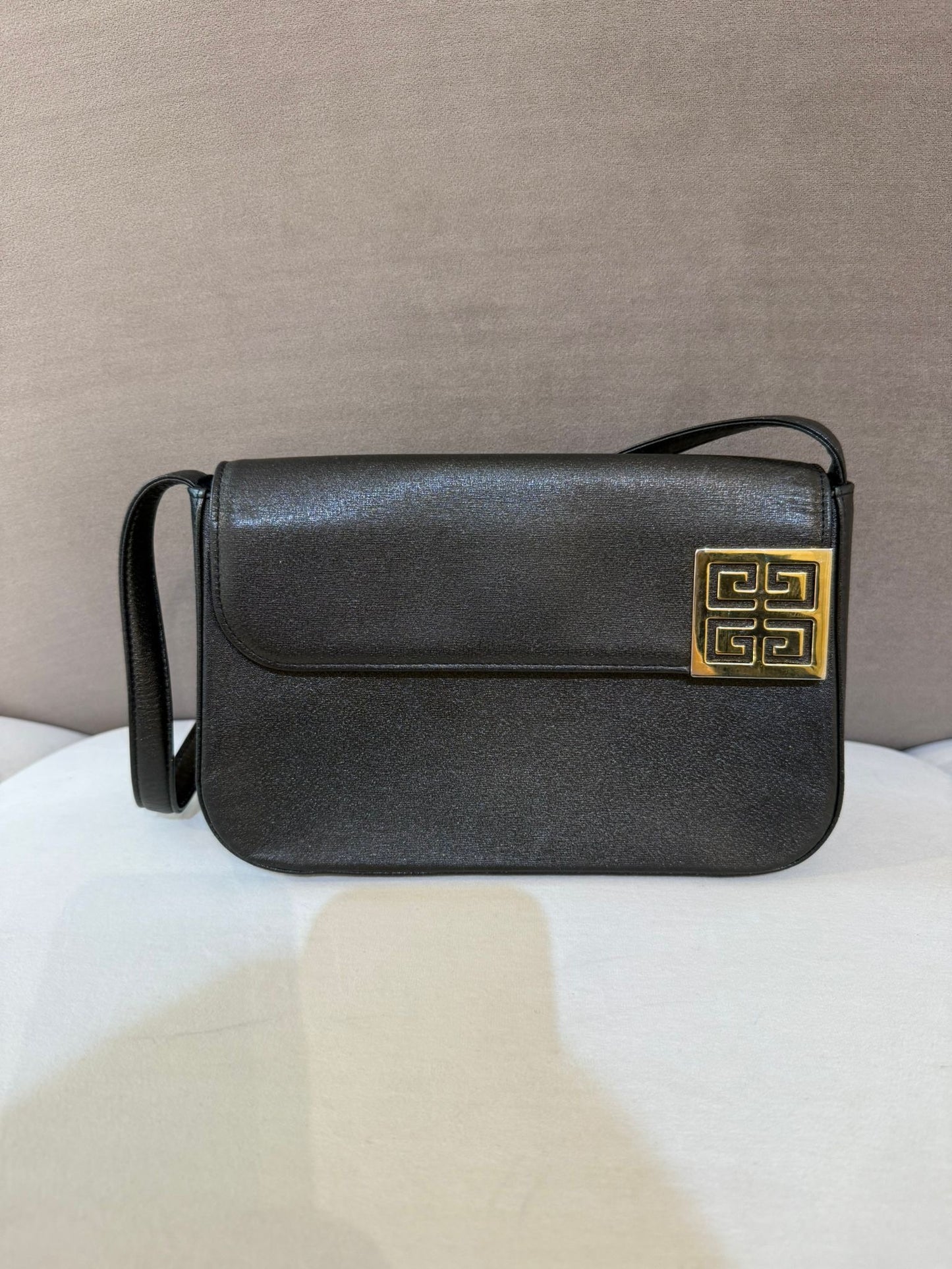 Givenchy Vintage Logo Plaque Black Leather Shoulder Bag