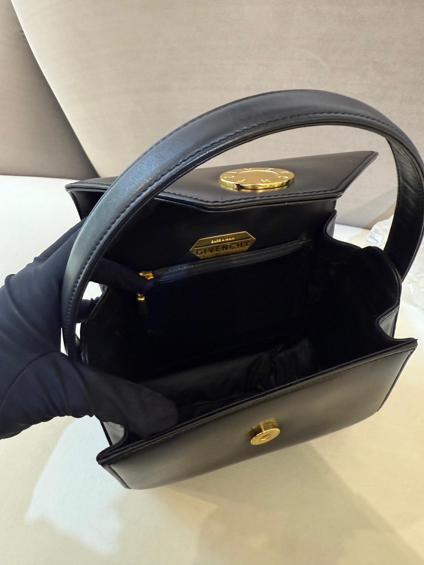 Givenchy Vintage Black Leather Gold Medallion Top Handle Bag