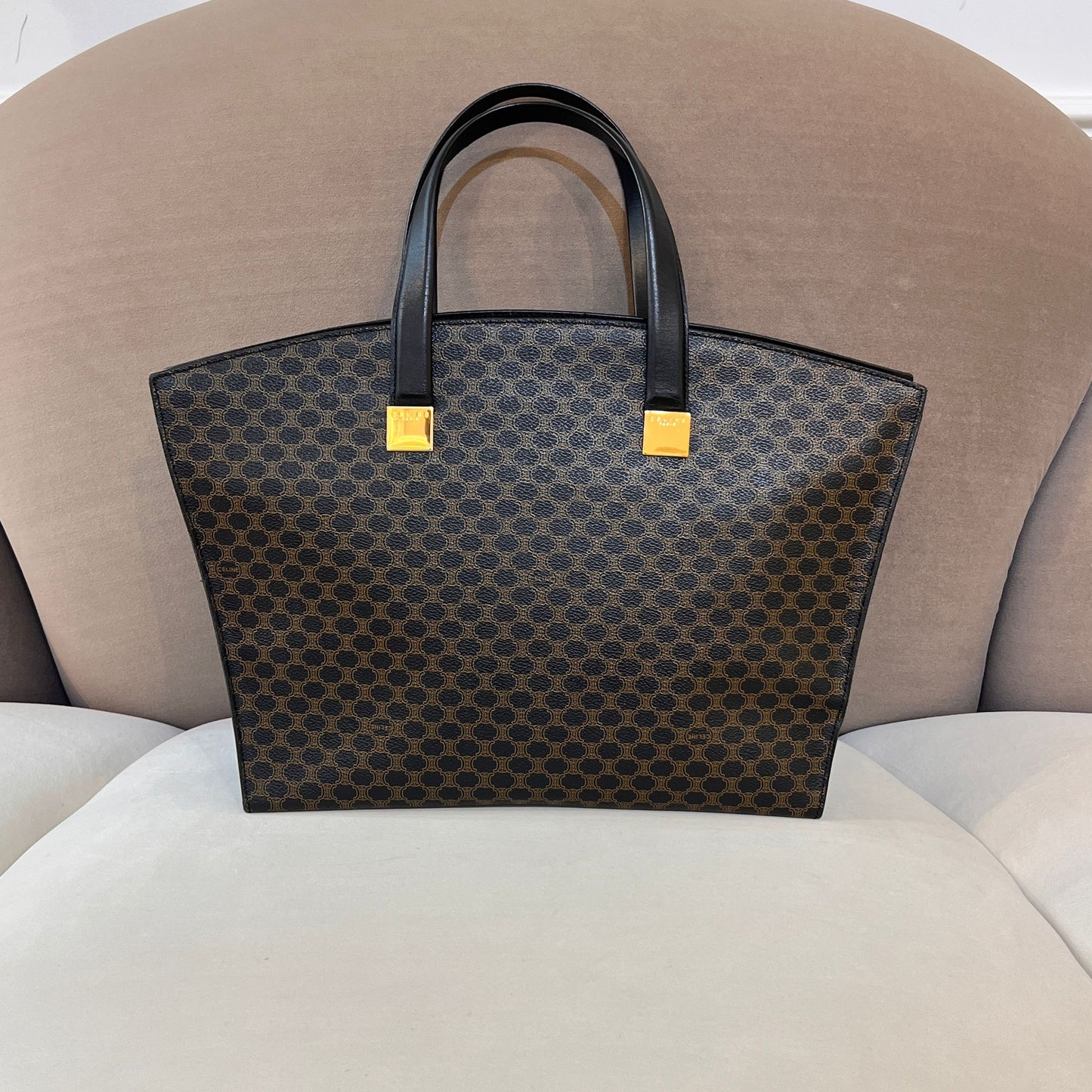 Celine Vintage Macadam Black Coated Canvas Leather Trim Tote Bag