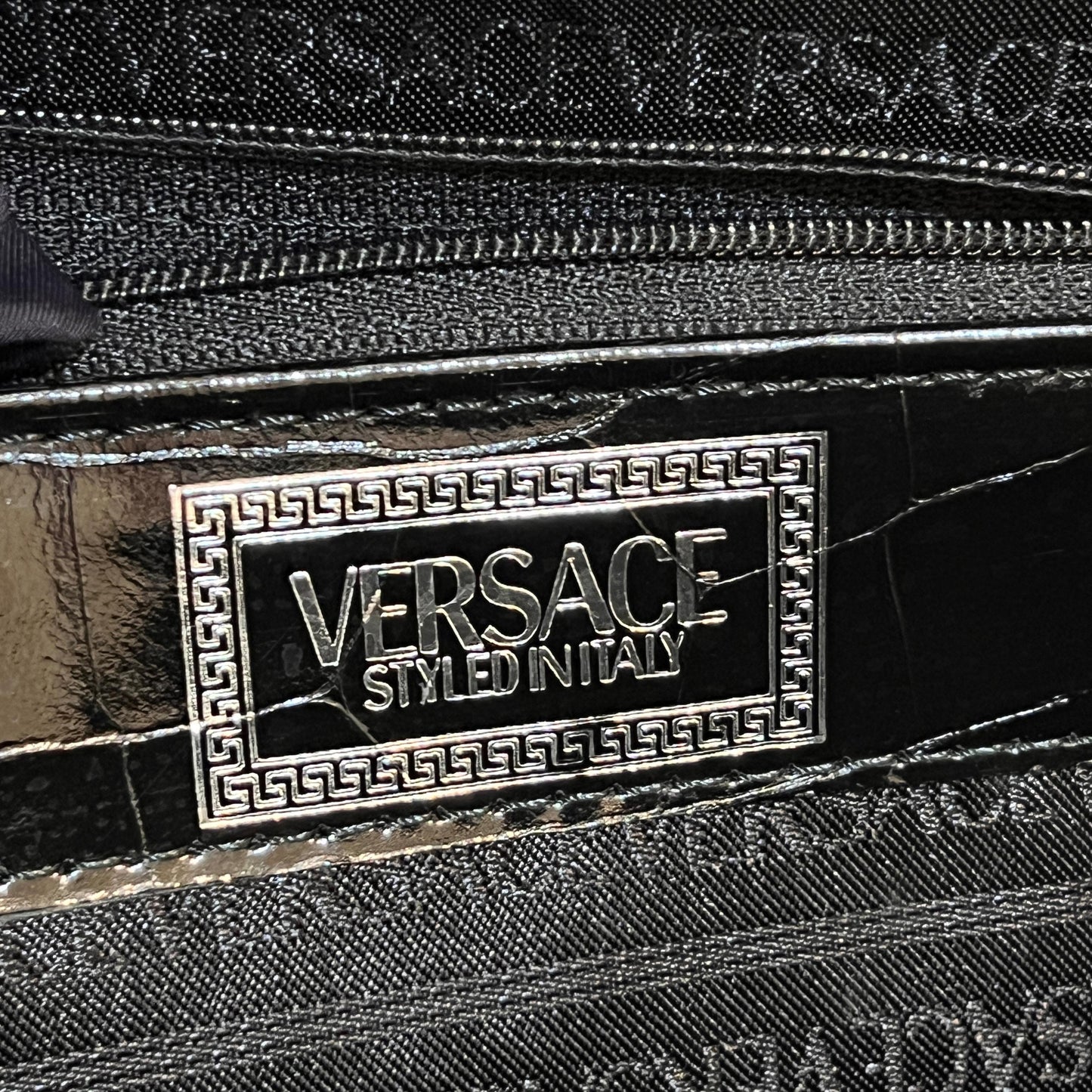 Versace Vintage Black Crocodile-Embossed Leather Tote Bag With Clasp Closure