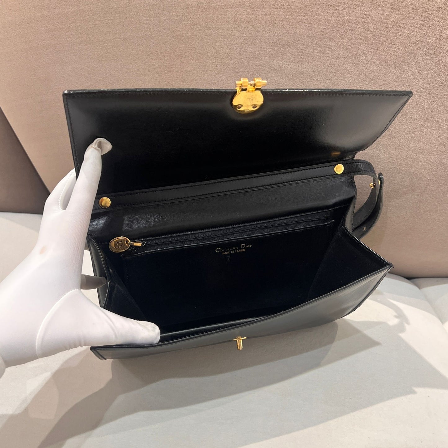 Christian Dior Vintage Black Leather Shoulder Bag With Round Logo Clasp