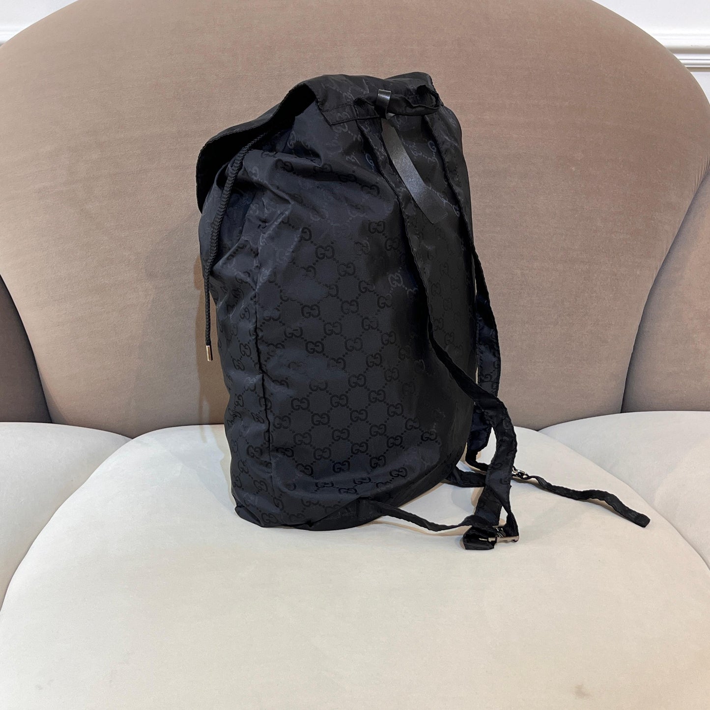 Gucci Vintage GG Nylon Bear Charm Drawstring Backpack Black