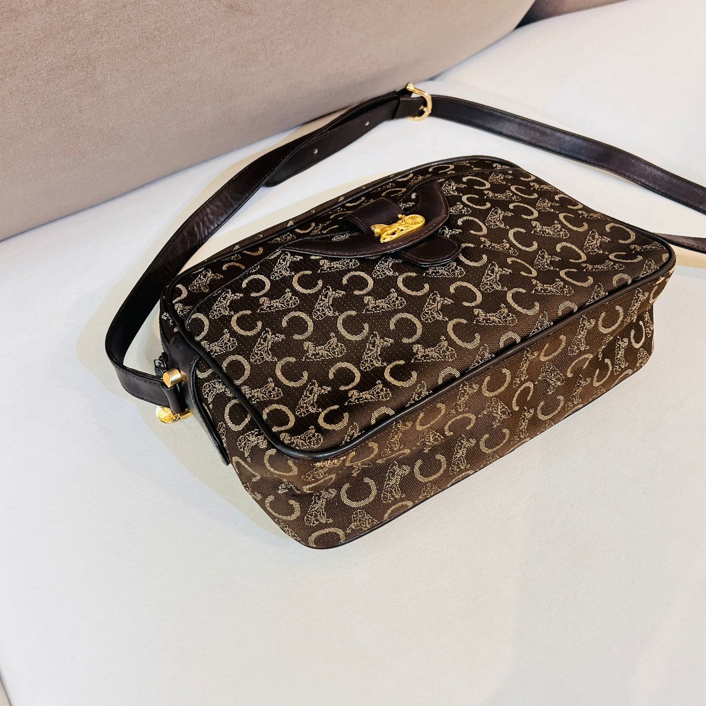 Celine Vintage Macadam Horse Carriage Canvas Leather Shoulder Bag