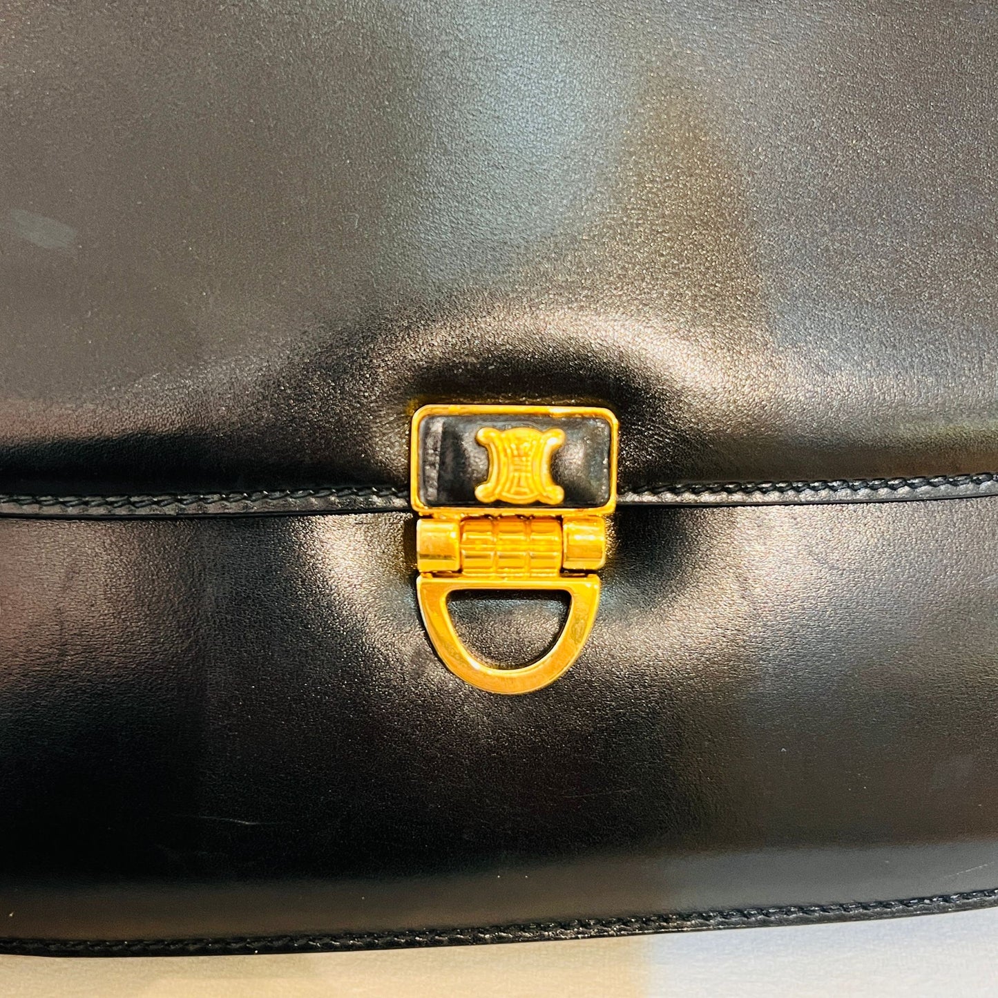 Celine Vintage Triomphe Black Smooth Leather Gold Clasp Top Handle Handbag