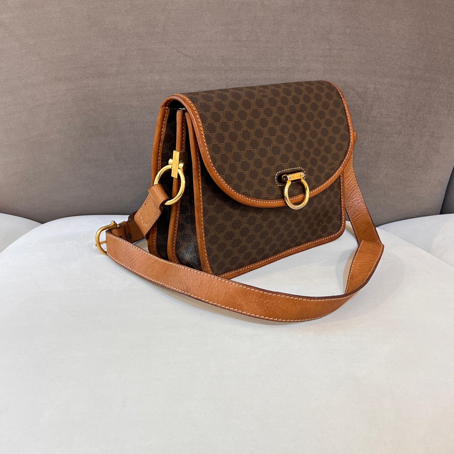 Celine Vintage Macadam Brown Canvas Shoulder Bag With Gold Hardware