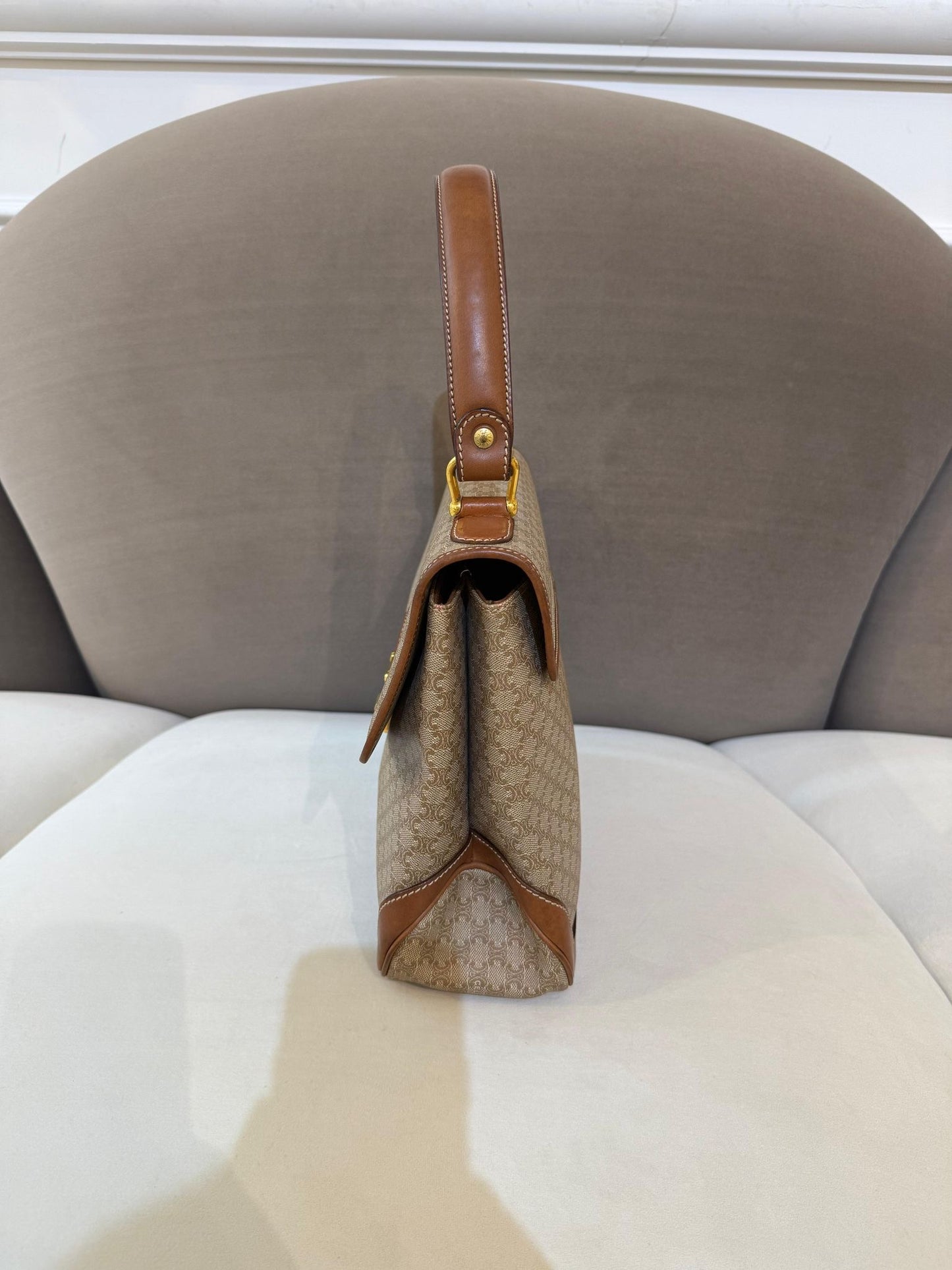 Celine Vintage Macadam Canvas Brown Leather Handbag