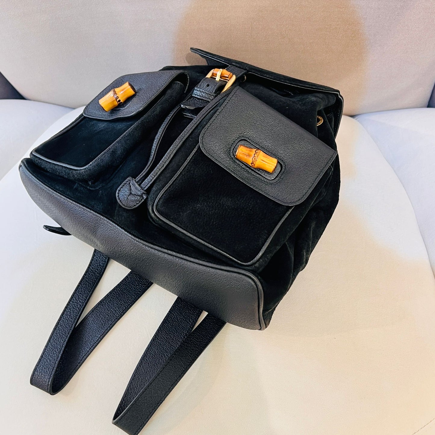 Gucci Vintage Bamboo Backpack Black Suede Leather