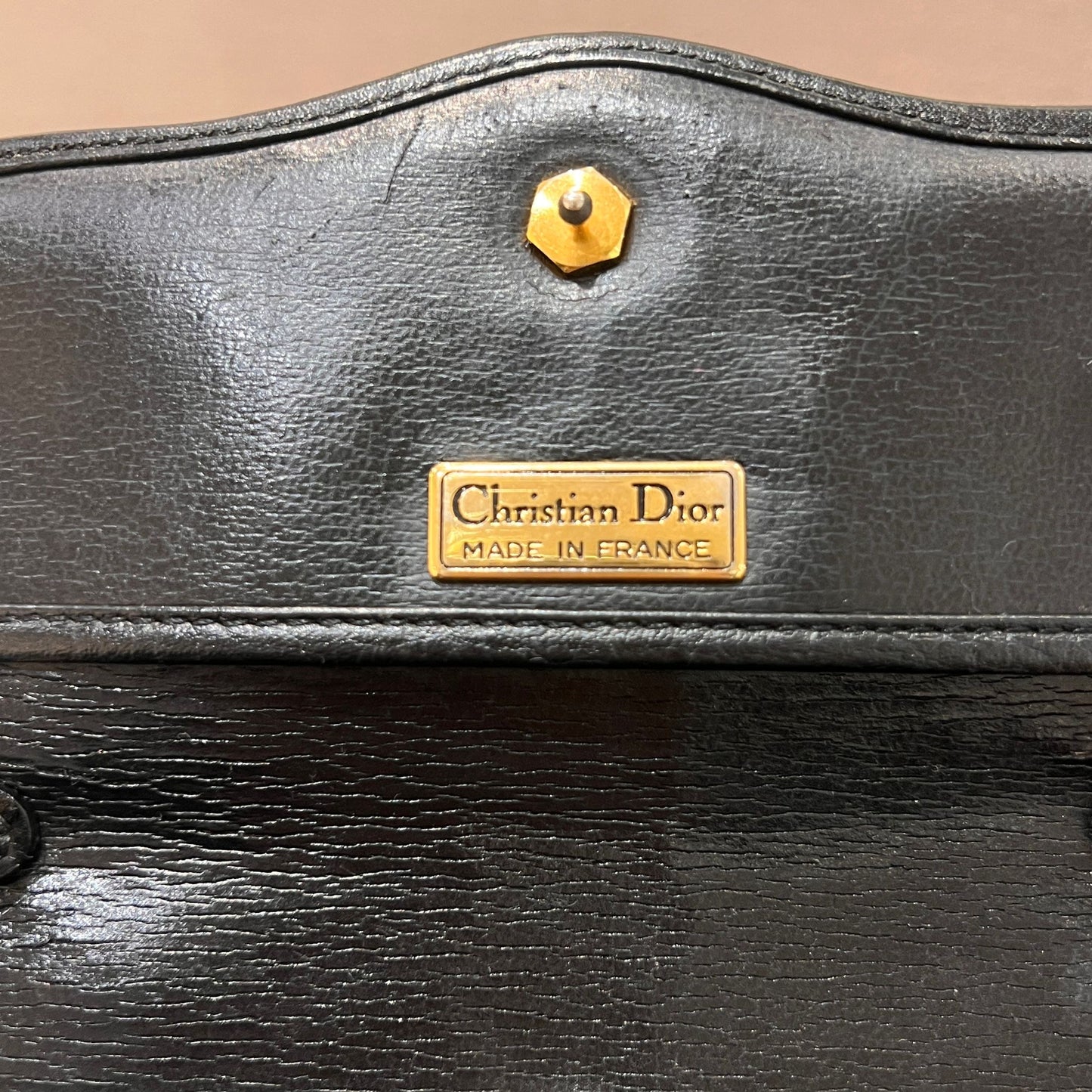 Christian Dior Vintage Black Grained Leather Top Handle Handbag With Oval Logo Clasp