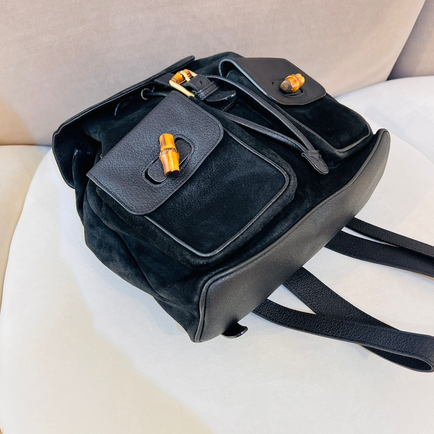 Gucci Vintage Bamboo Backpack Black Suede Leather
