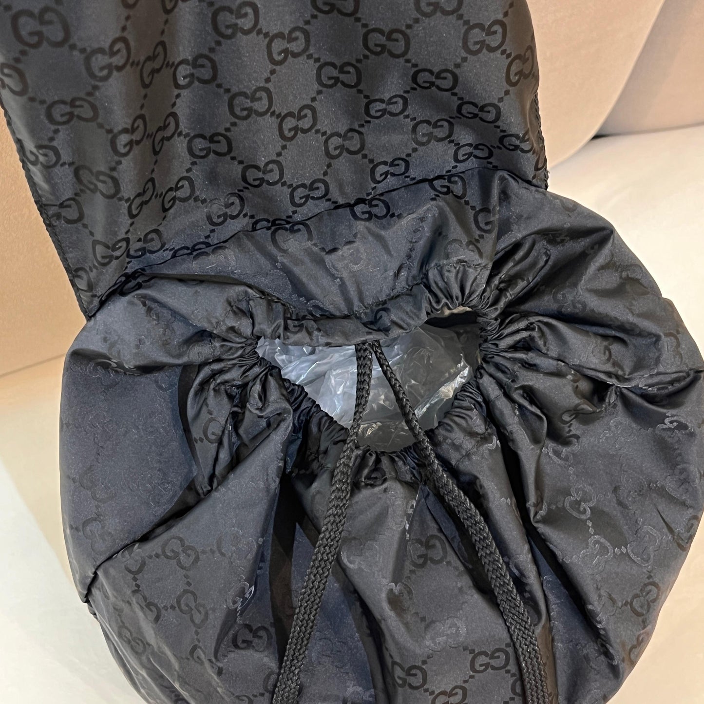 Gucci Vintage GG Nylon Bear Charm Drawstring Backpack Black