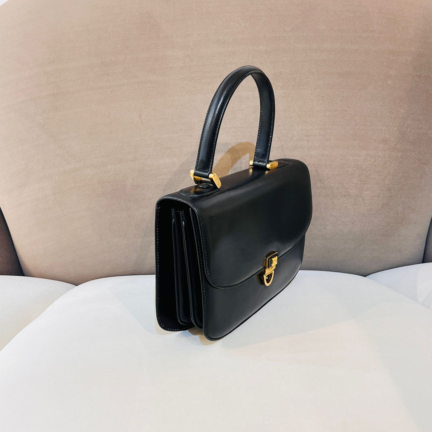 Celine Vintage Triomphe Black Smooth Leather Gold Clasp Top Handle Handbag