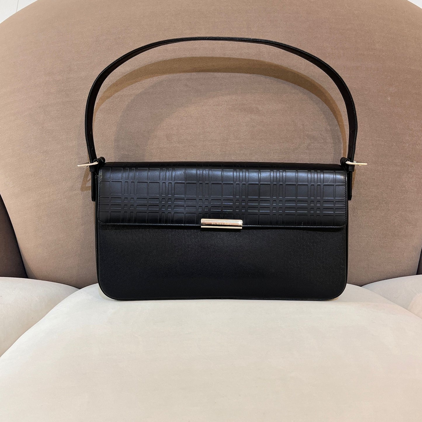 Burberry Vintage Embossed Check Black Leather Shoulder Bag
