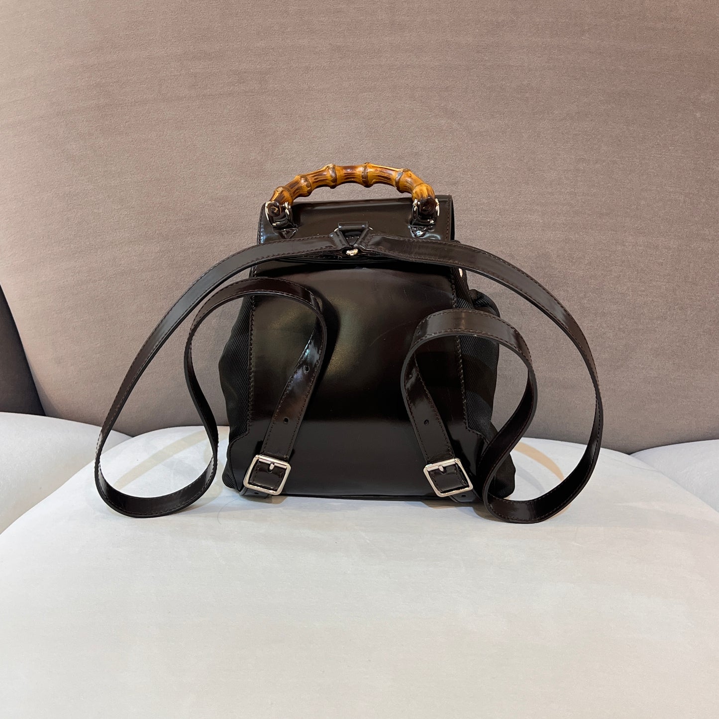 Gucci Vintage Bamboo Nylon Black Leather Trim Backpack