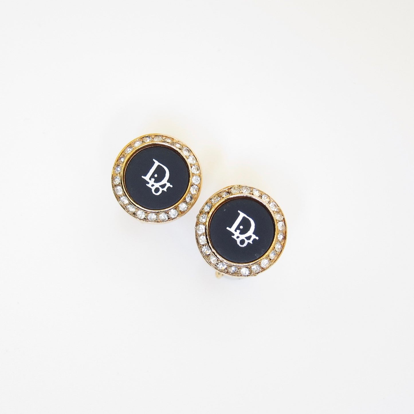 Christian Dior Vintage Black Enamel Crystal Logo Clip-On Earrings