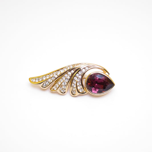 Christian Dior Vintage Plum Color Stone and Rhinestone Golden Brooch