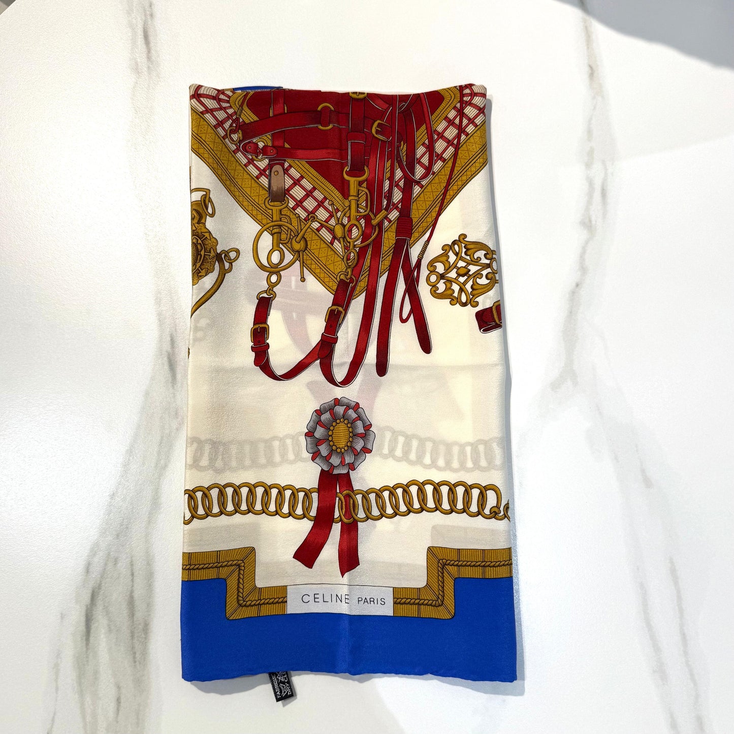 Celine Vintage Horse Print Silk Scarf Ivory Blue 86 X 86 Cm