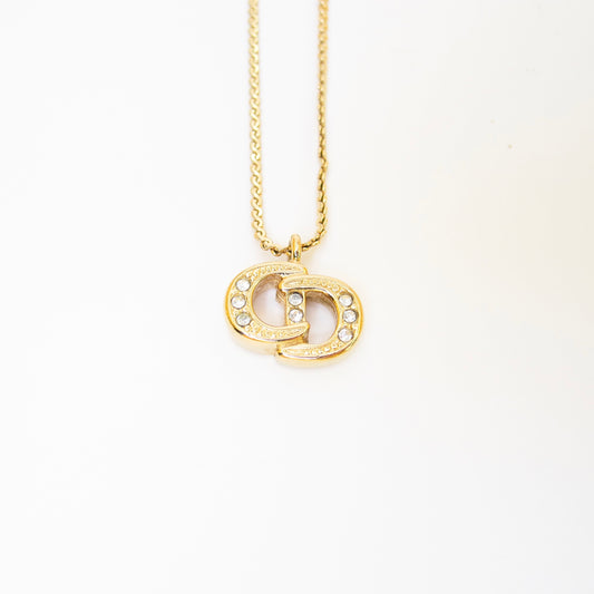 Christian Dior Vintage CD Logo with Rhinestone Golden Necklace