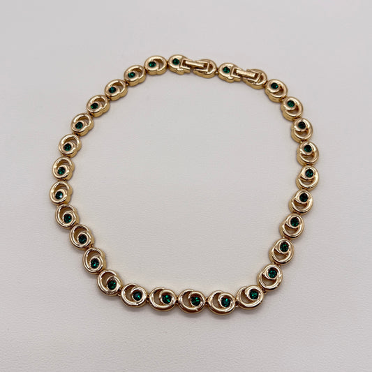 Nina Ricci Vintage Green Color Rhinestone Golden Necklace