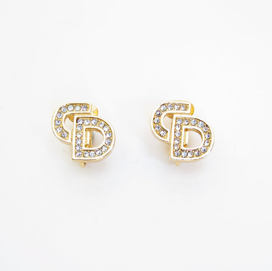 Christian Dior Vintage CD Logo with Rhinestone Golden Clip-on Earrings