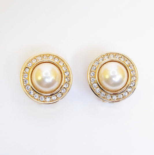 Christian Dior Vintage Round Shaped Pearl and Rhinestone Golden Clip-on Earrings