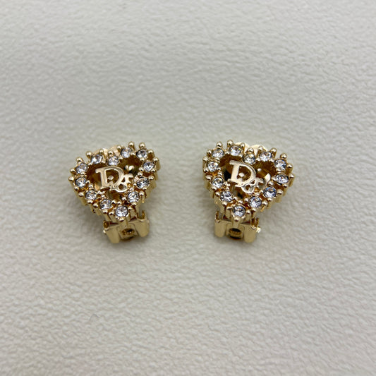 Christian Dior Vintage Dior Logo in Heart Shape with Rhinestone Golden Clip-on Earrings