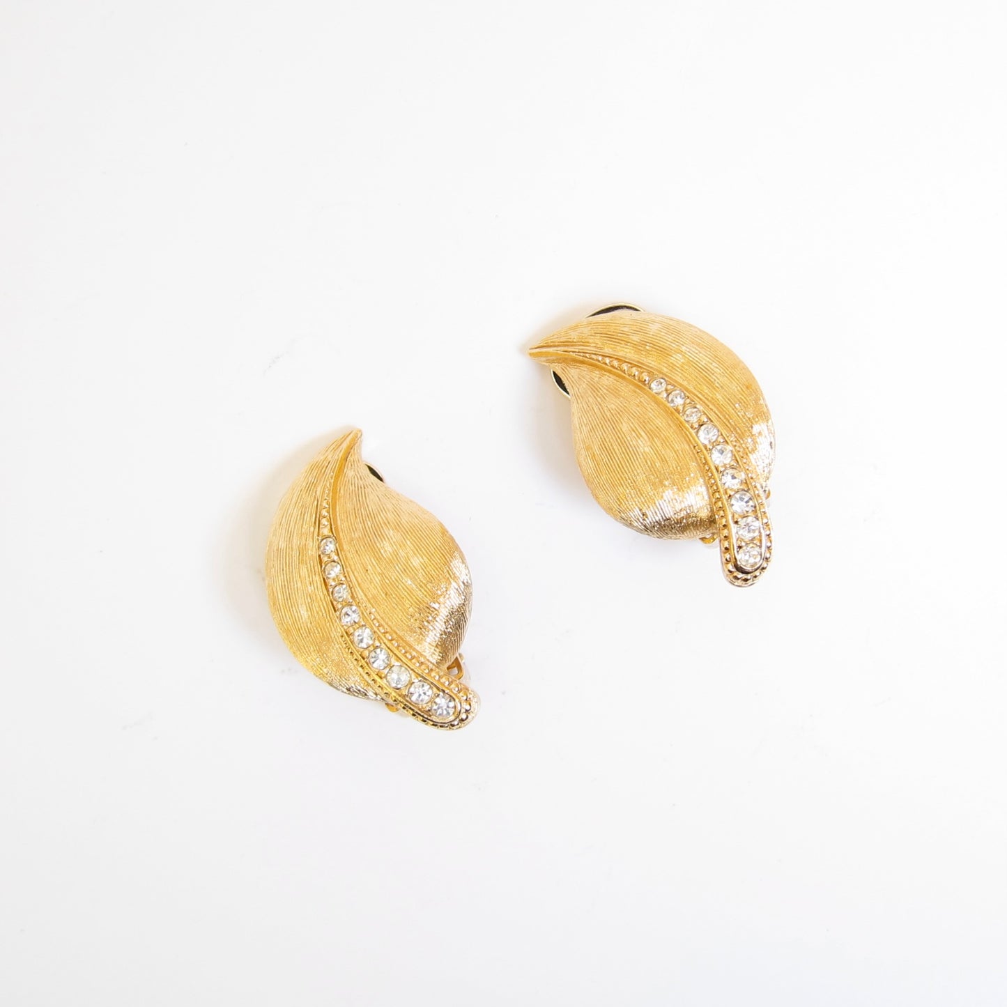 Christian Dior Vintage Leaf Motif with Rhinestone Golden Clip-on Earrings
