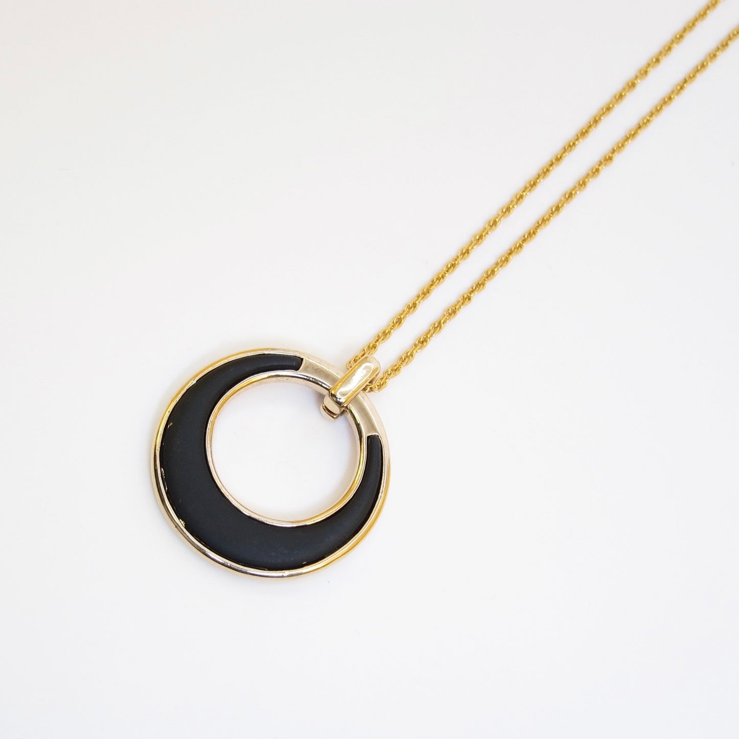Monet Vintage Black Enamel Oval Pendant Golden Necklace