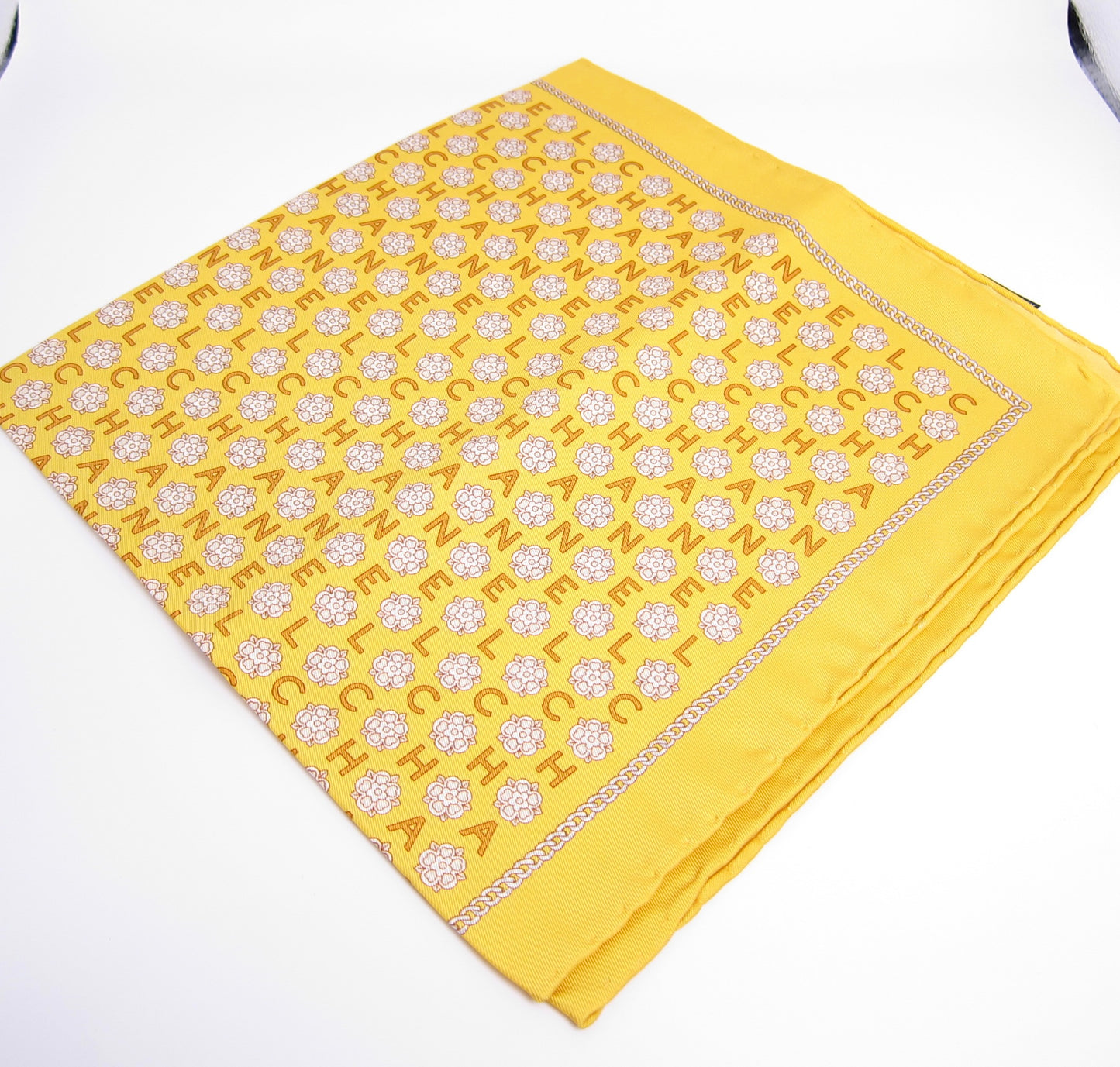 Chanel Vintage Camellia and Lettering Monogram Yellow Silk Scarf