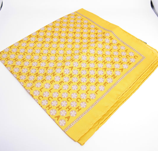 Chanel Vintage Camellia and Lettering Monogram Yellow Silk Scarf