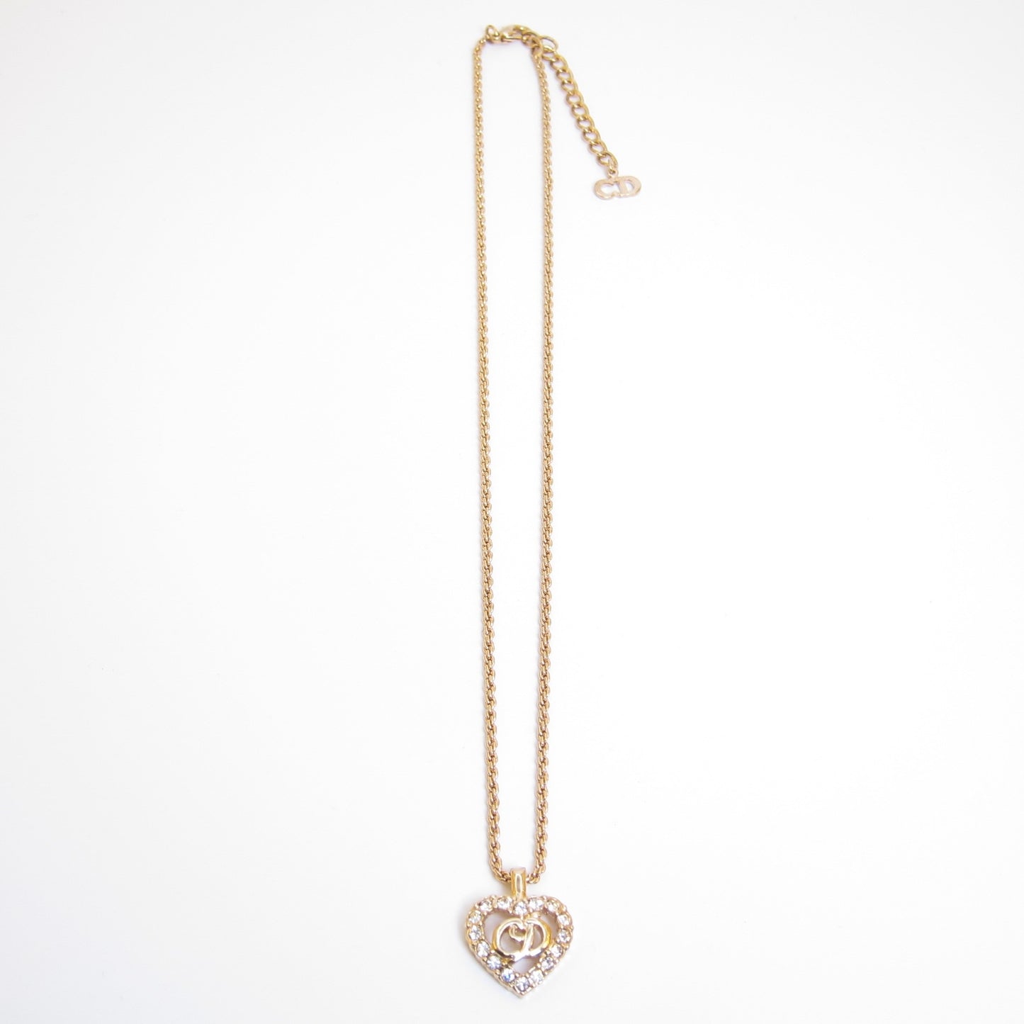 Christian Dior Vintage CD Logo in Heart with Rhinestone Golden Necklace