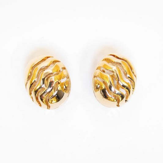 Nina Ricci Vintage Ribbed Wave Textured Golden Clip-on Earrings